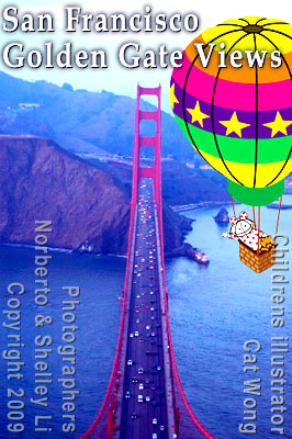 Children's illustrator Cat Wong - characters Clara and Clarence Bear in hot air balloon over San Franciscos Golden Gate Bridge
