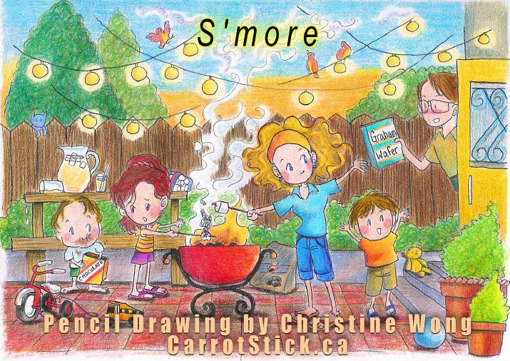 Color pencil drawing of Young family having BBQ in backyard  fr. illustrator C.Wong - CLICK FOR MORE CARTOON-DRAWINGS-DESIGNS